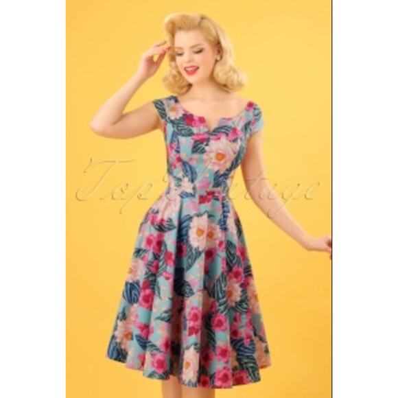 Hell Bunny Retro Tropical Floral Fit and Flare Dress Blue Pink Size S - Picture 9 of 9